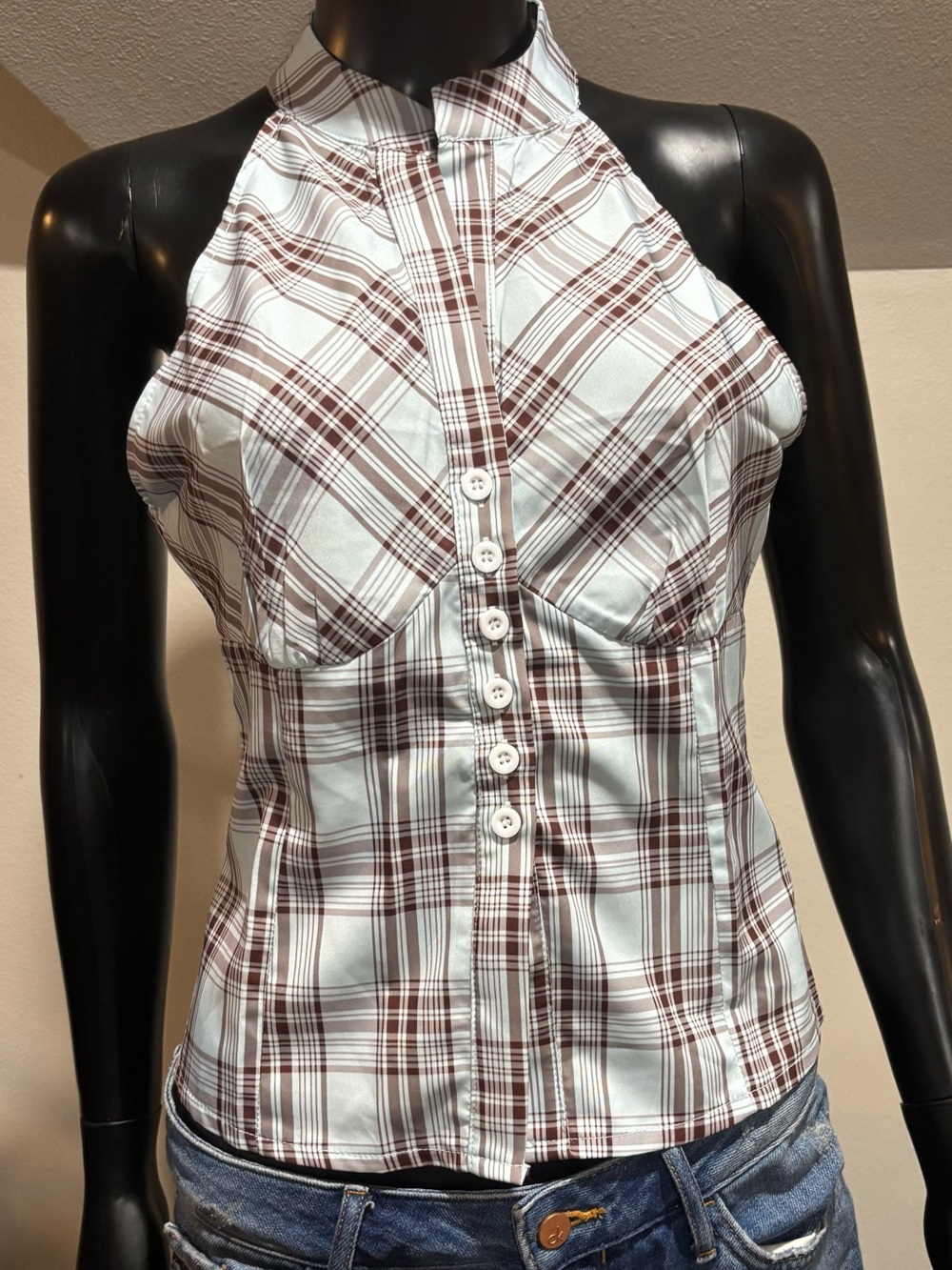 Plaid Halter Top Retro Look Light Blue & Brown Sz S